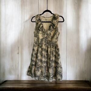 Darling Womens Short Dress Ruffled V-Neck Feather Print Sleeveless Size M Casual